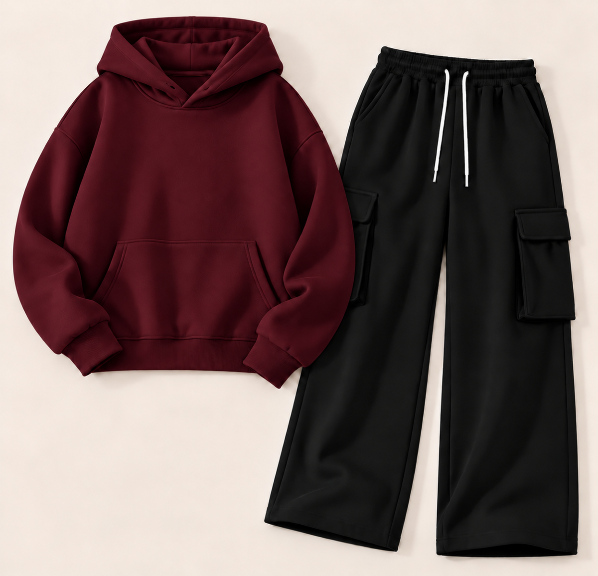Pack of 2 – Women's Fleece Hoodie & Black Wide-Leg Cargo Trouser Set