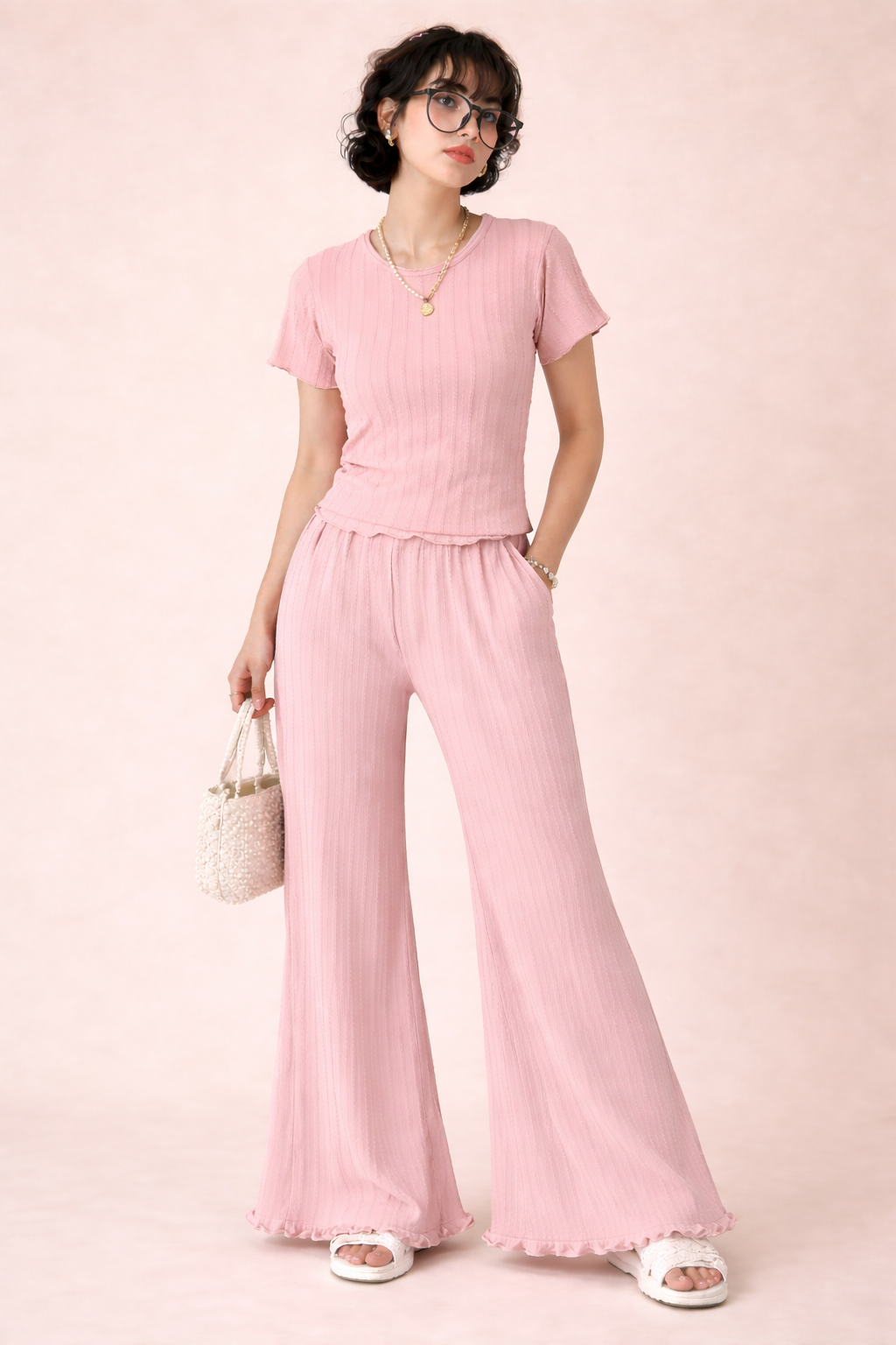 Premium Summer Cord Set – Soft Pink Ribbed Knit Co-ord for Women