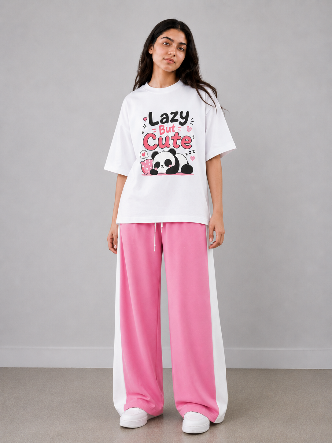 Lazy But Cute Graphic Oversized T-Shirt with Pink Side Panel Pants