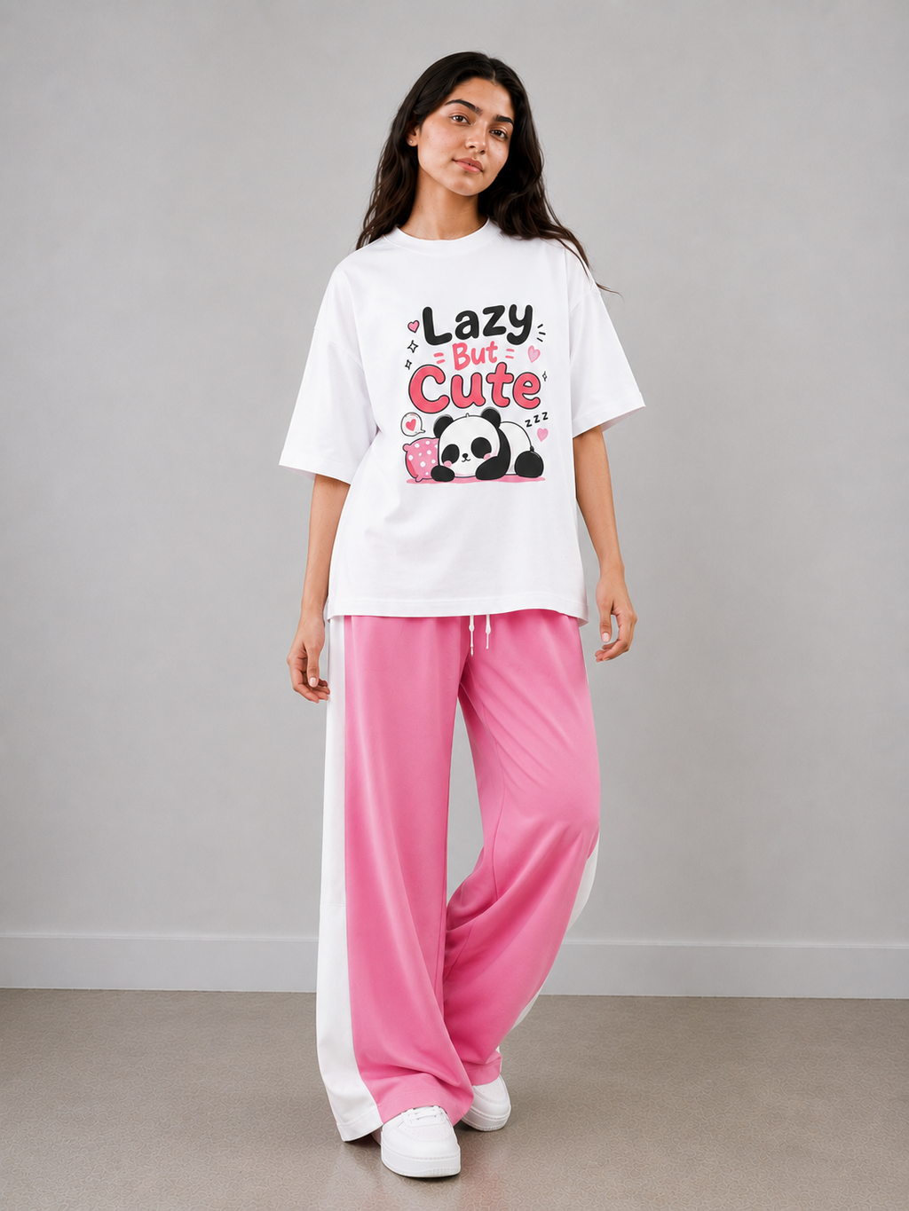 Lazy But Cute Graphic Oversized T-Shirt with Pink Side Panel Pants