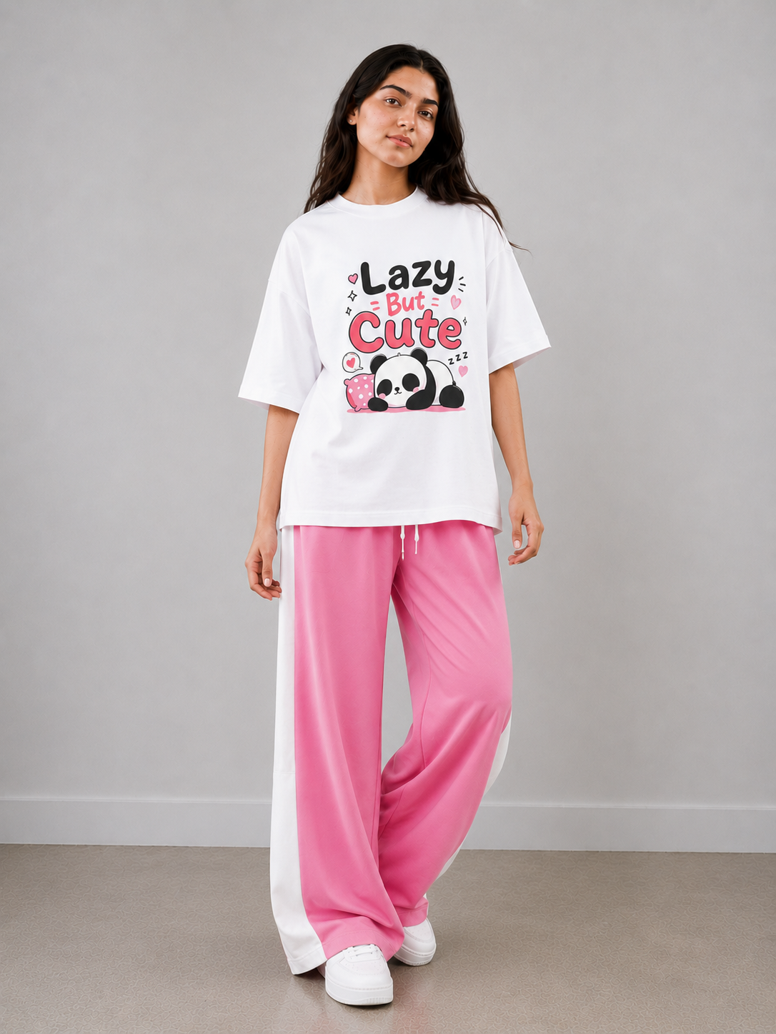 Lazy But Cute Graphic Oversized T-Shirt with Pink Side Panel Pants