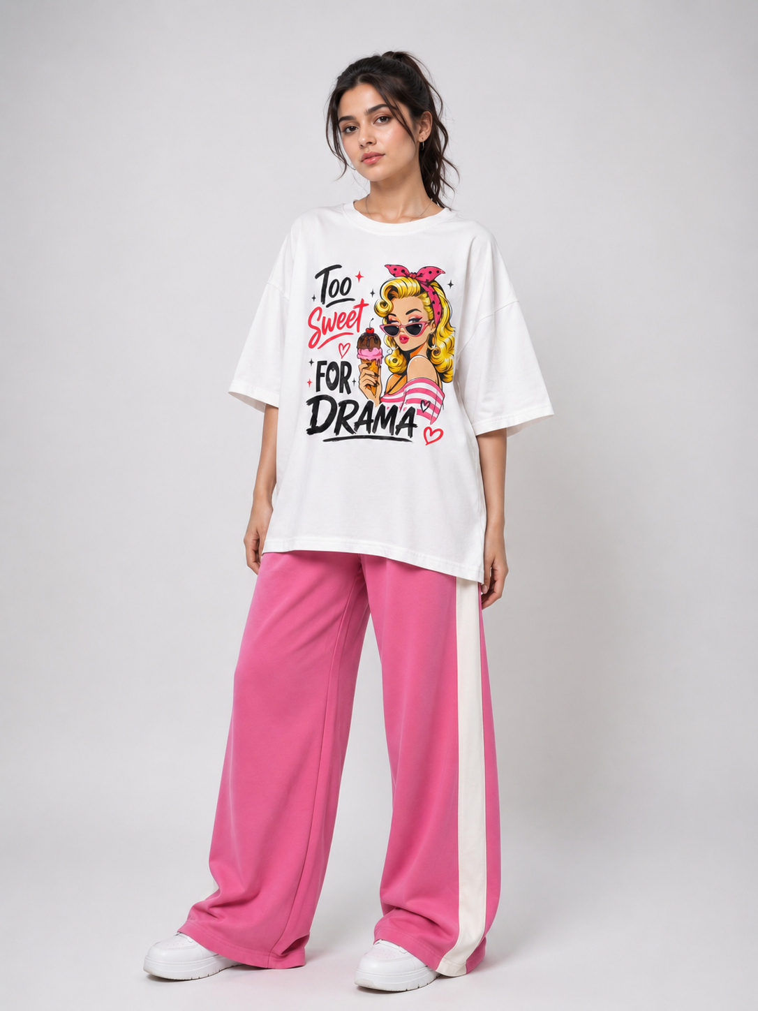 Too Sweet For Drama Graphic T-Shirt & Pink Side Stripe Wide Leg Trouser Set