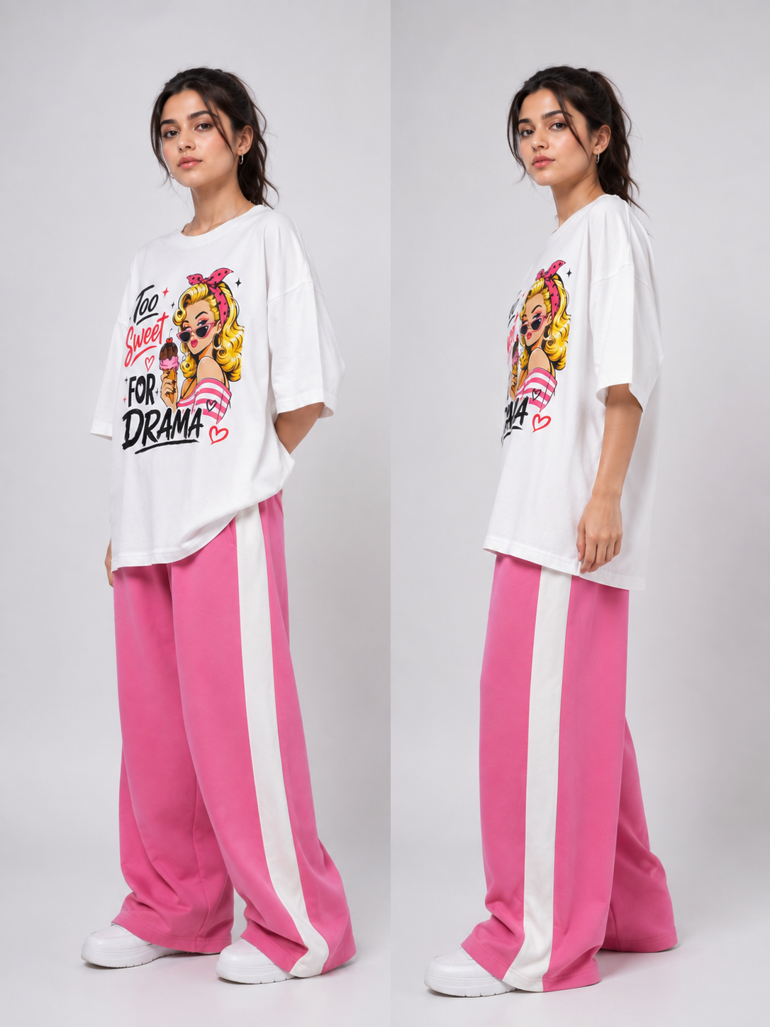 Too Sweet For Drama Graphic T-Shirt & Pink Side Stripe Wide Leg Trouser Set