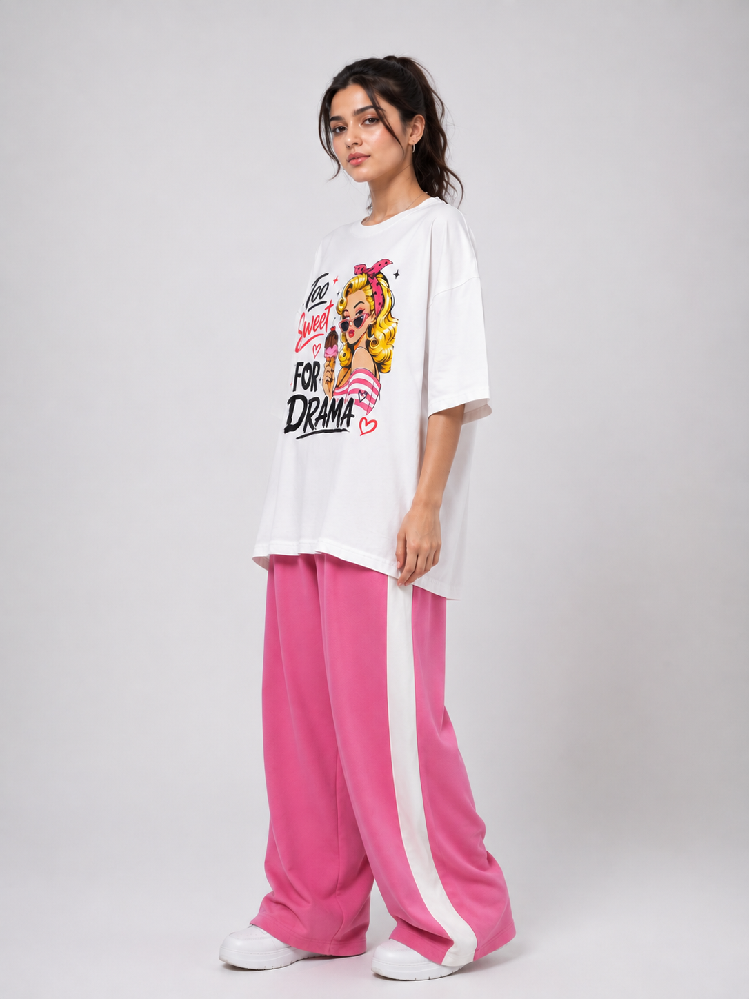 Too Sweet For Drama Graphic T-Shirt & Pink Side Stripe Wide Leg Trouser Set
