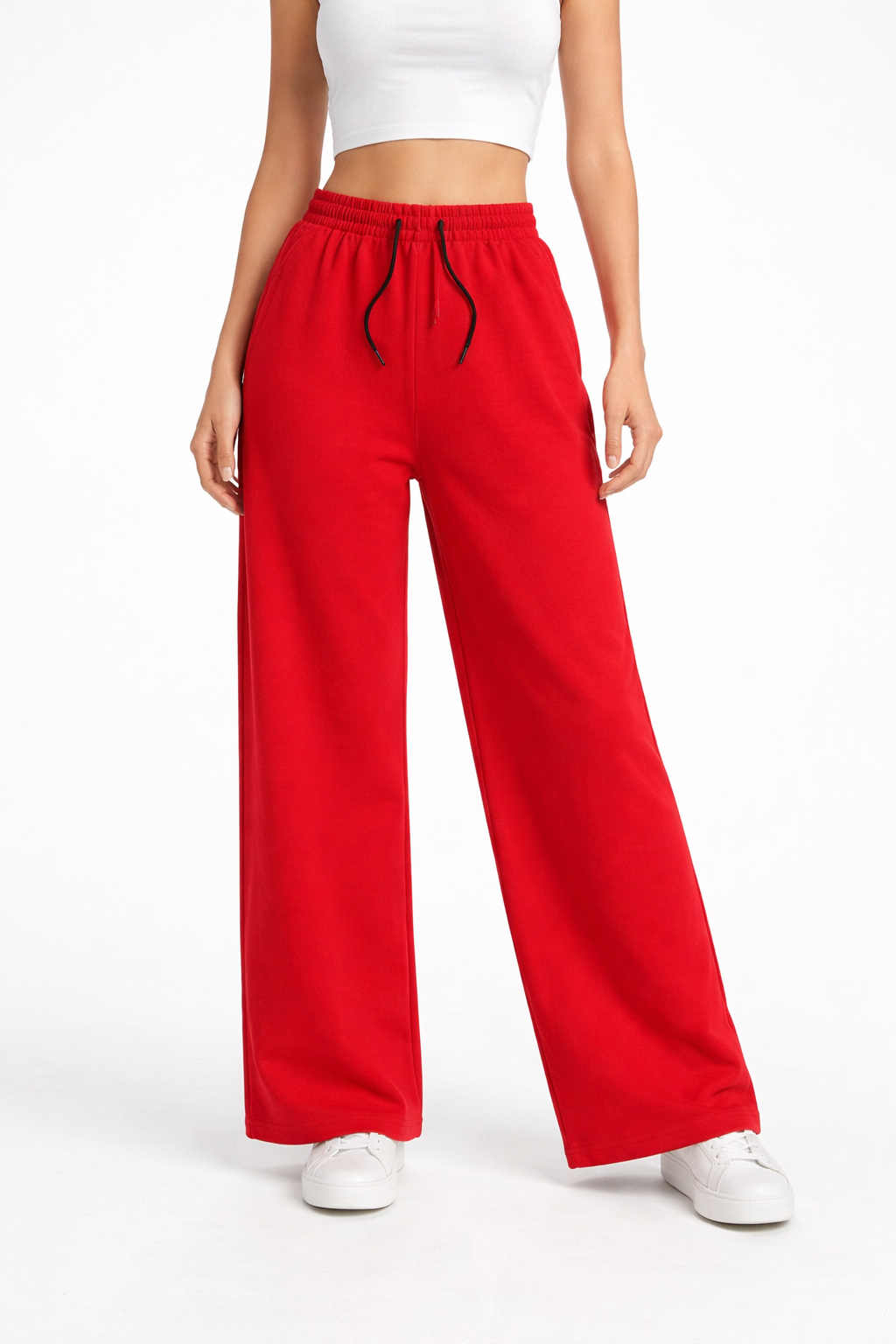 Red Plain Wide-Leg Summer Trousers