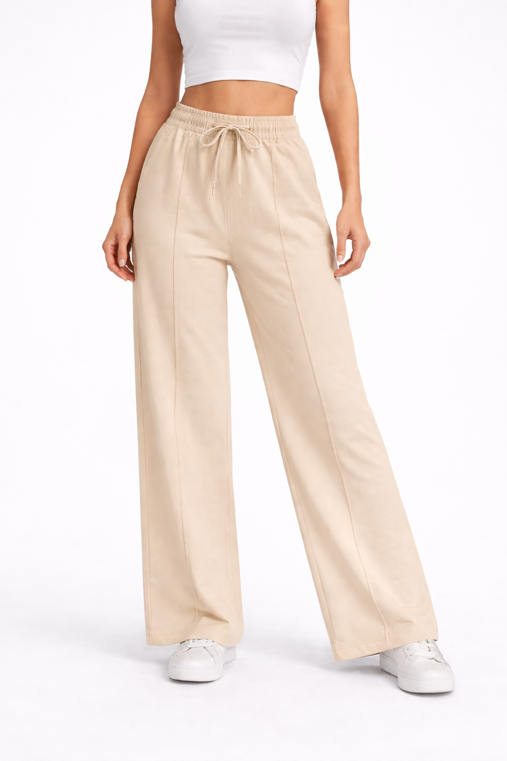 Beige Front-Seamed Wide-Leg Summer Trousers