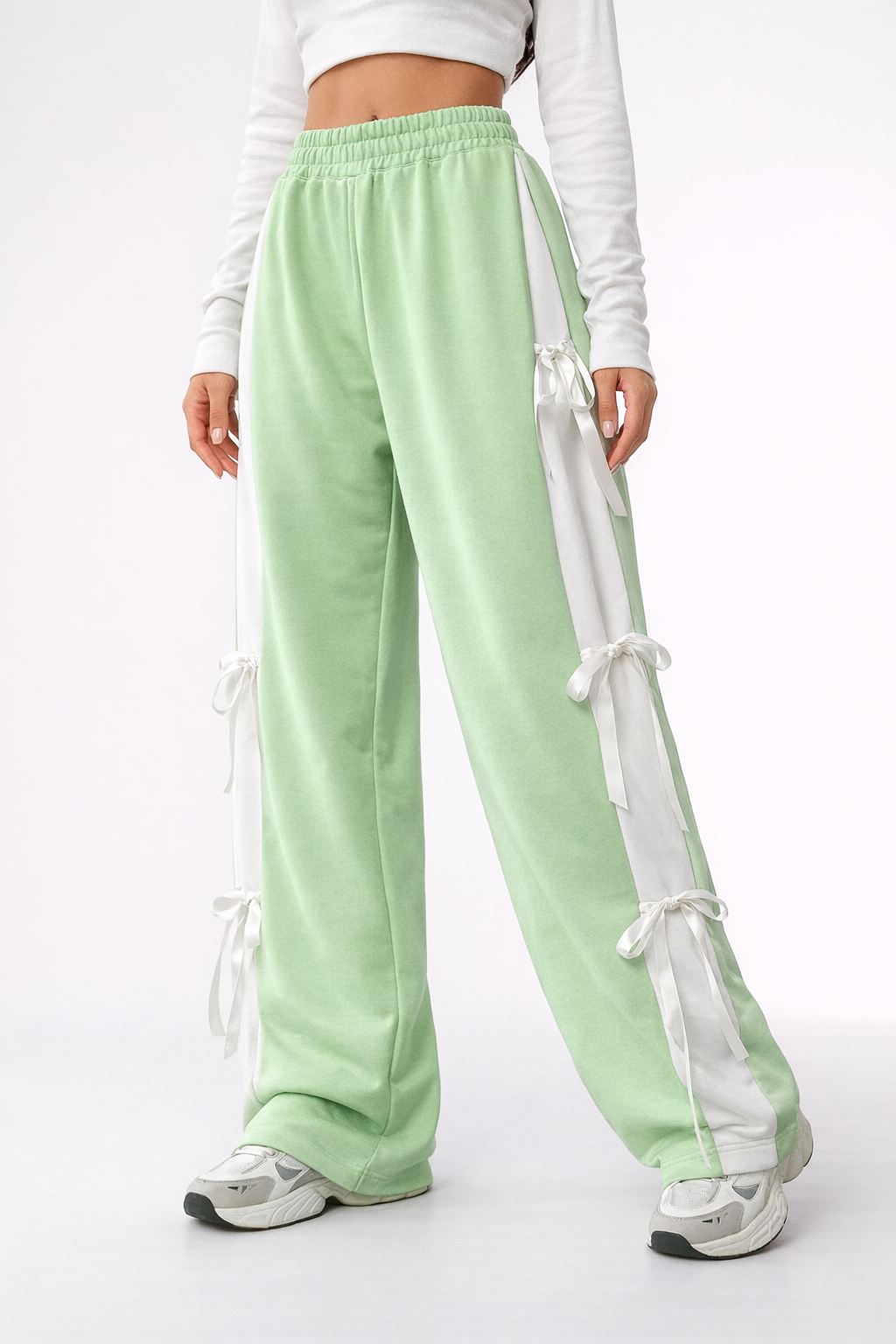 Womens Cute Summer Wide-Leg Trousers with Side Bow Details - Green