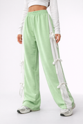 Womens Cute Summer Wide-Leg Trousers with Side Bow Details - Green