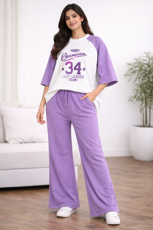 Champion 34 Oversized Co-Ord Set – Lilac Raglan Tee & Wide-Leg Trousers