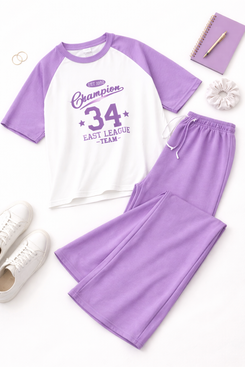 Champion 34 Oversized Co-Ord Set – Lilac Raglan Tee & Wide-Leg Trousers