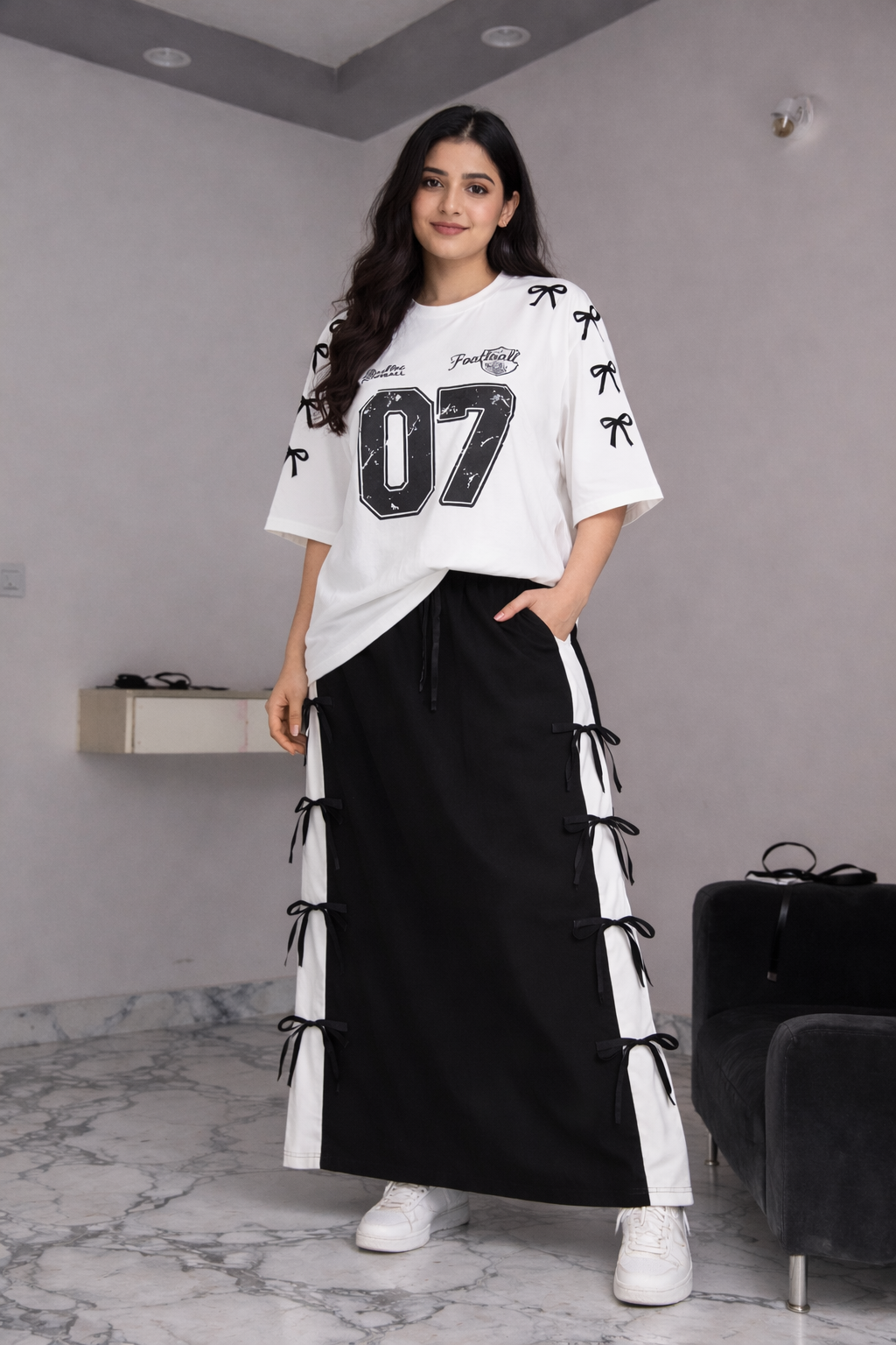 Oversized "07" Varsity Tee & Bow-Detail Maxi Skirt Set