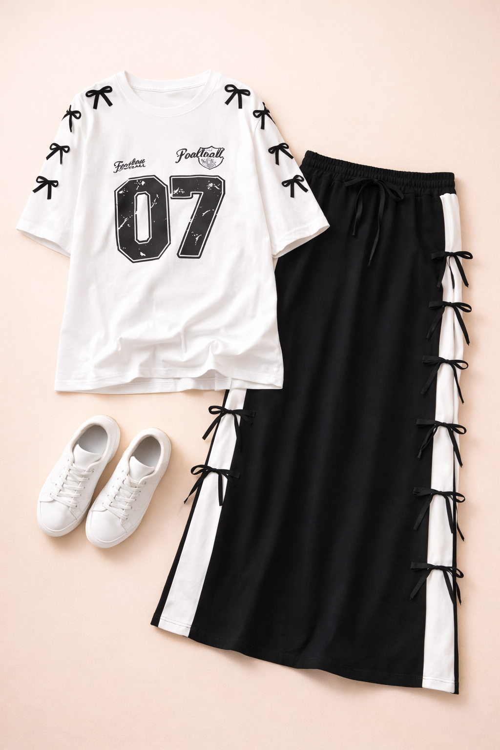 Oversized "07" Varsity Tee & Bow-Detail Maxi Skirt Set