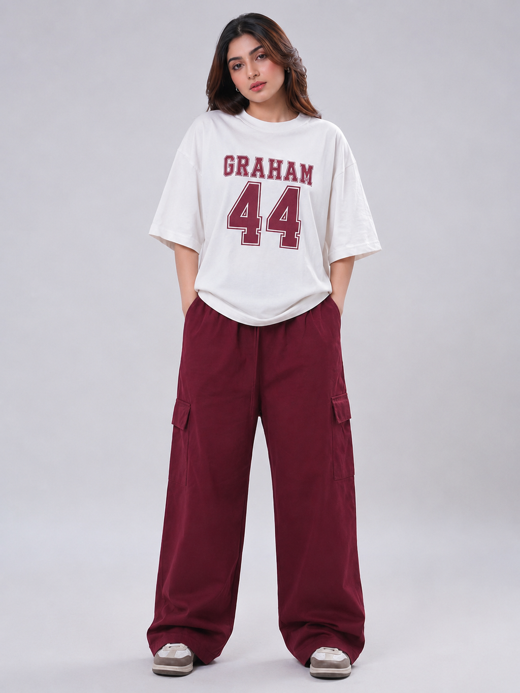 Women's Off Campus Inspired GRAHAM 44 Oversized Tee with Cargo Pants