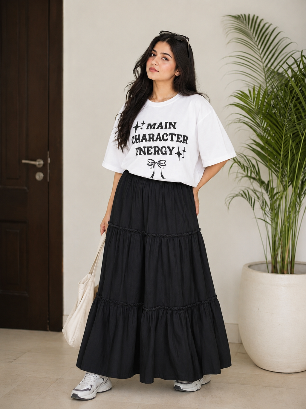 Main Character Energy Oversized Graphic T-Shirt & Tiered Maxi Skirt Co-Ord Set for Women