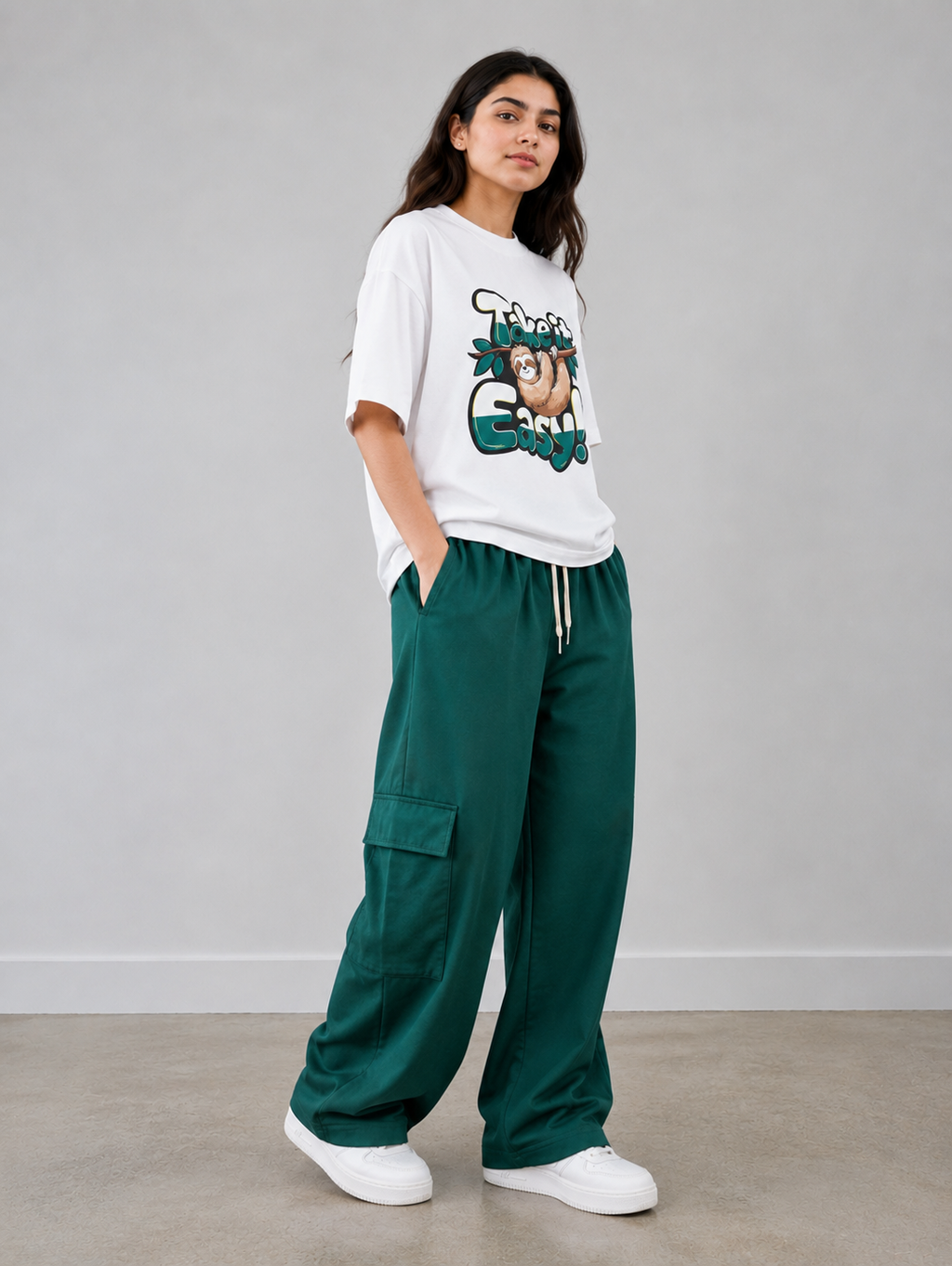 Take It Easy Graphic Oversized T-Shirt with Dark Green Cargo Pocket Trousers