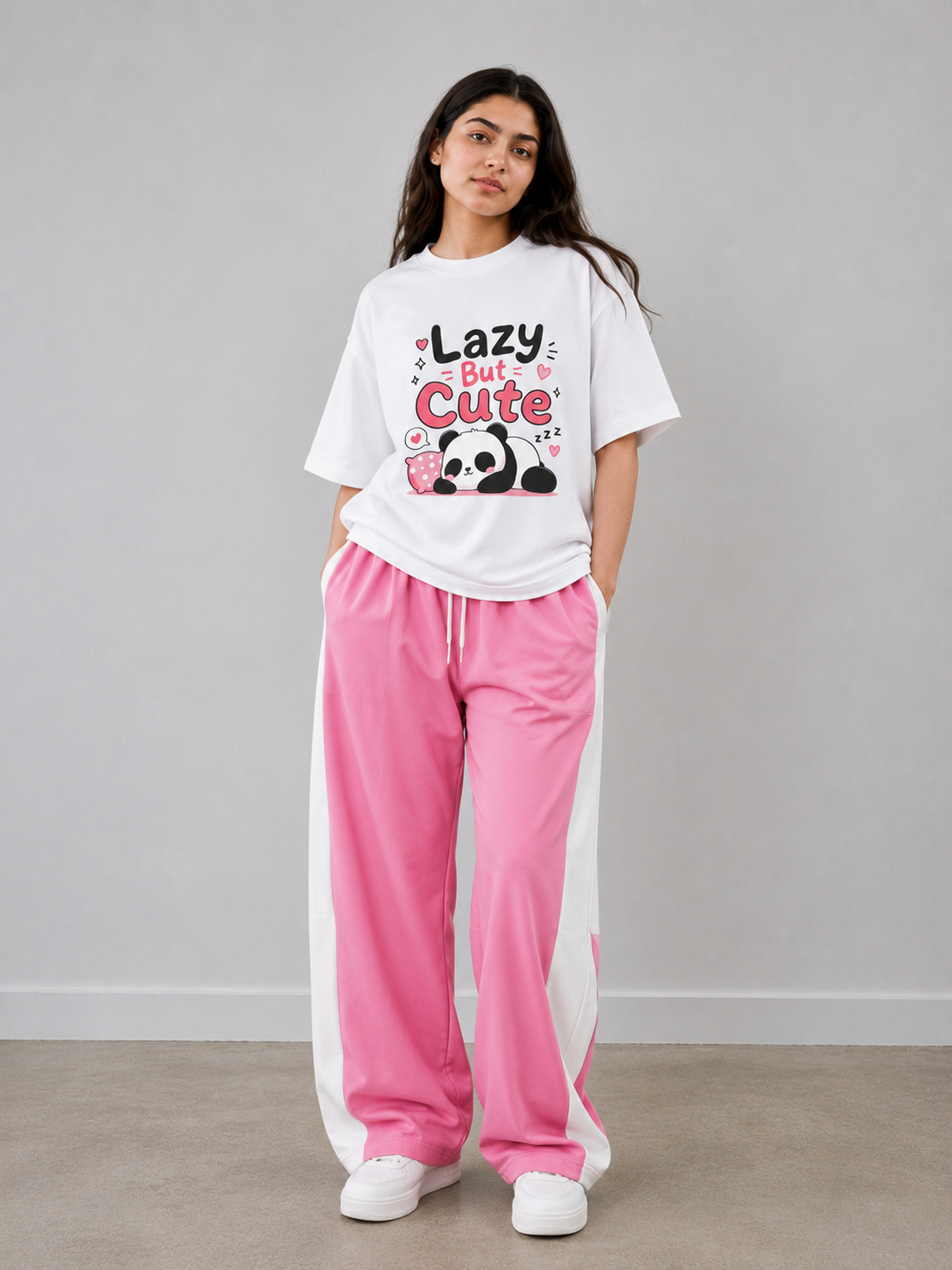 Lazy But Cute Graphic Oversized T-Shirt with Pink Side Panel Pants
