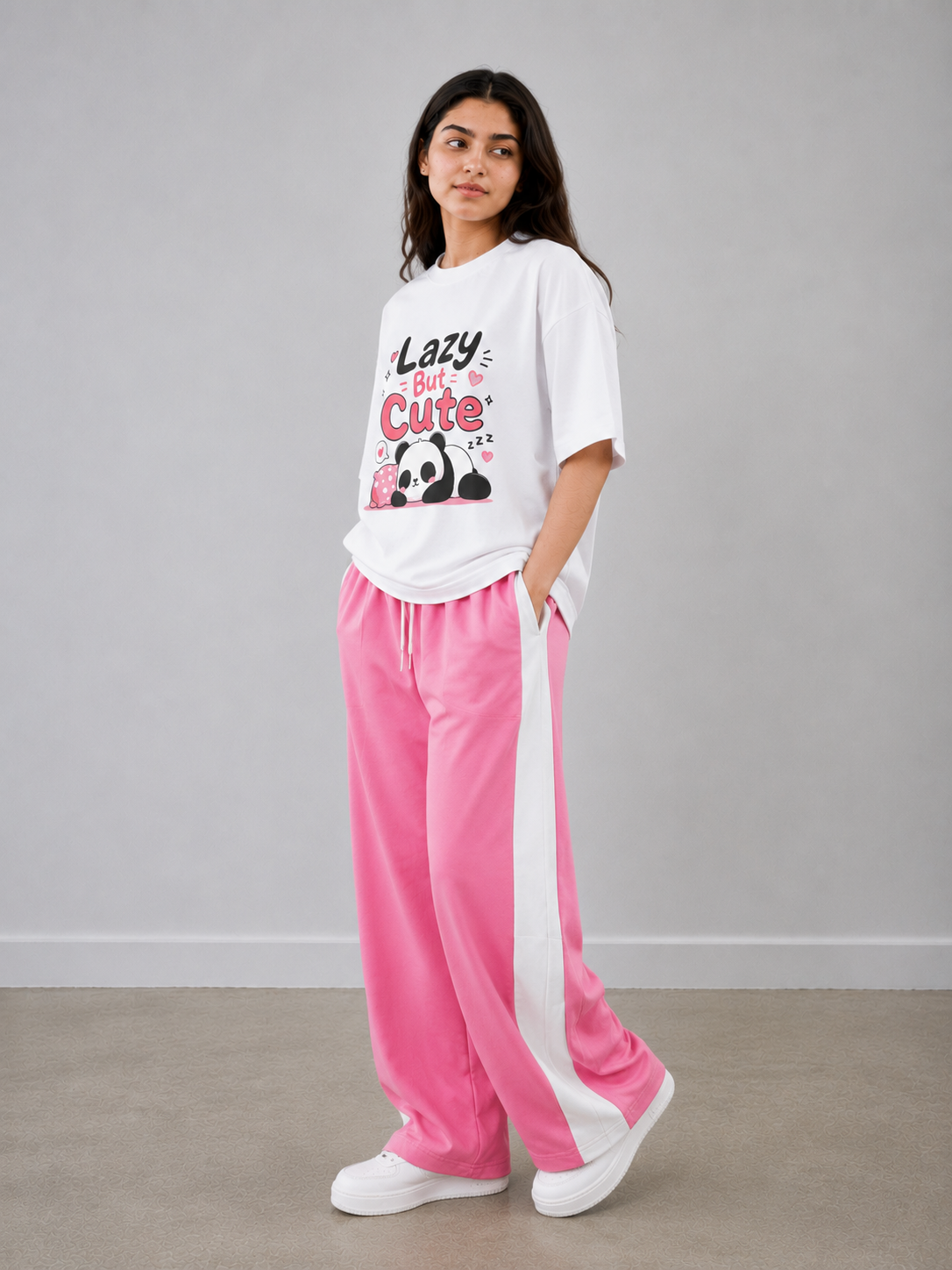 Lazy But Cute Graphic Oversized T-Shirt with Pink Side Panel Pants