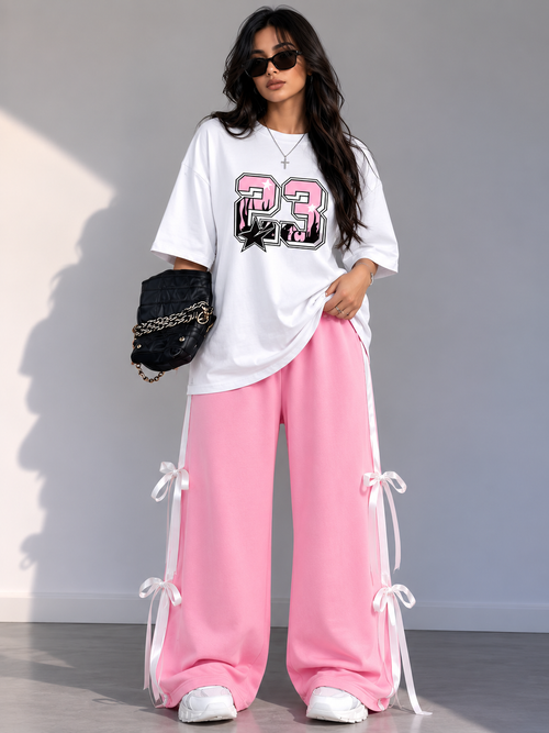 23 Star Graphic Oversized T-Shirt & Pink Ribbon Wide-Leg Trouser Co-Ord Set