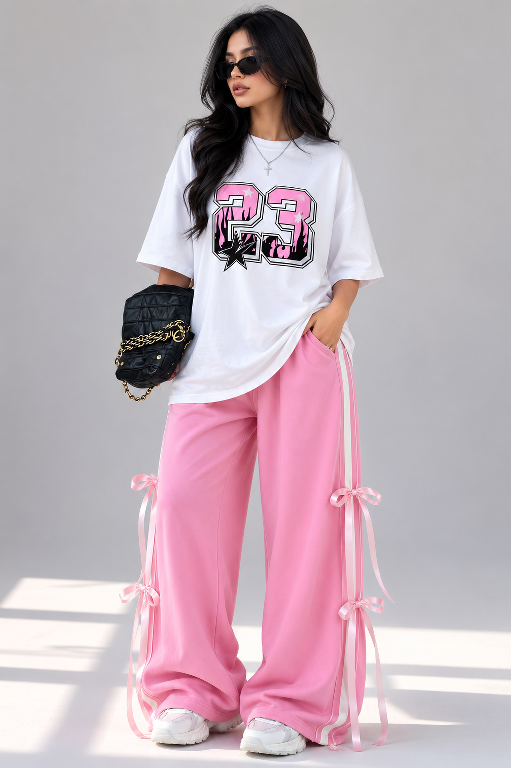 23 Star Graphic Oversized T-Shirt & Pink Ribbon Wide-Leg Trouser Co-Ord Set