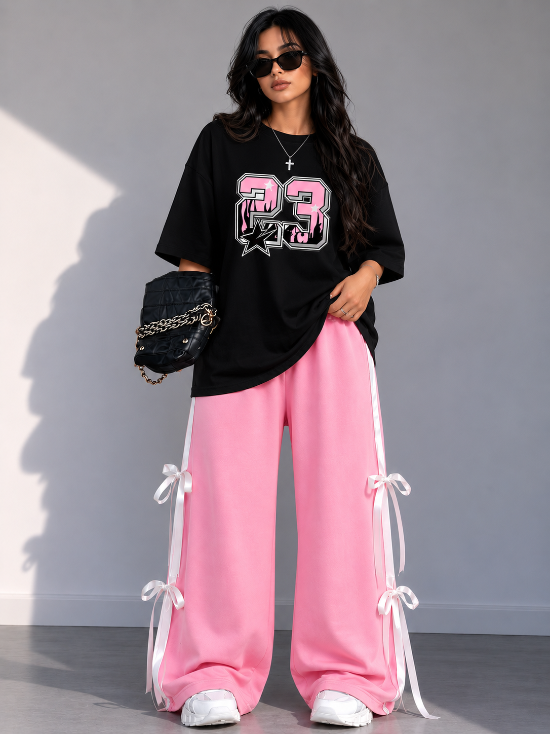 23 Star Graphic Oversized T-Shirt & Pink Ribbon Wide-Leg Trouser Co-Ord Set