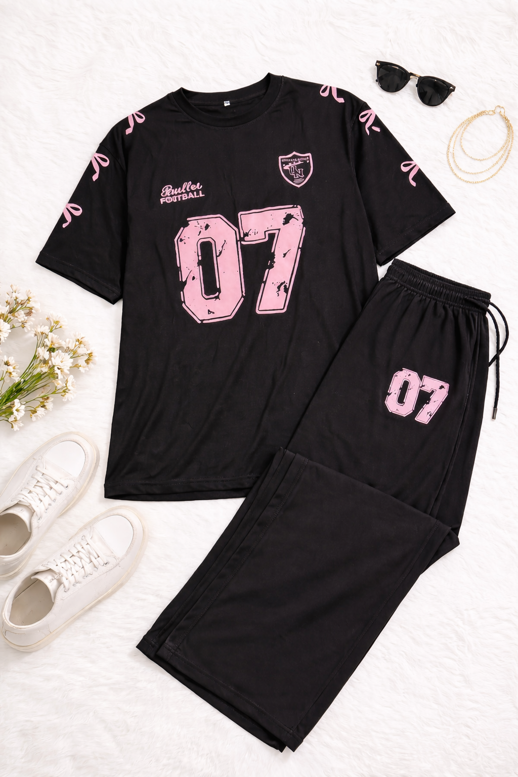 07 Varsity Oversized Lounge Set – Black & Pink