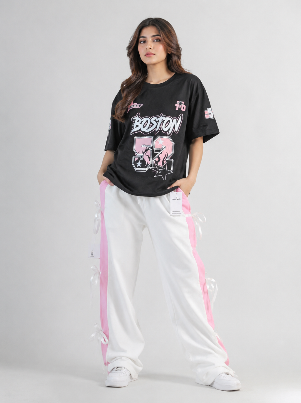 Boston 52' Oversized Graphic Tee & Ribbon-Trim Wide-Legs Set