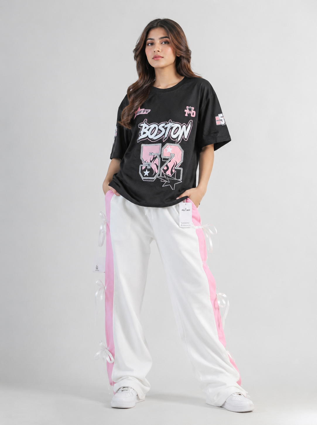 Boston 52' Oversized Graphic Tee & Ribbon-Trim Wide-Legs Set