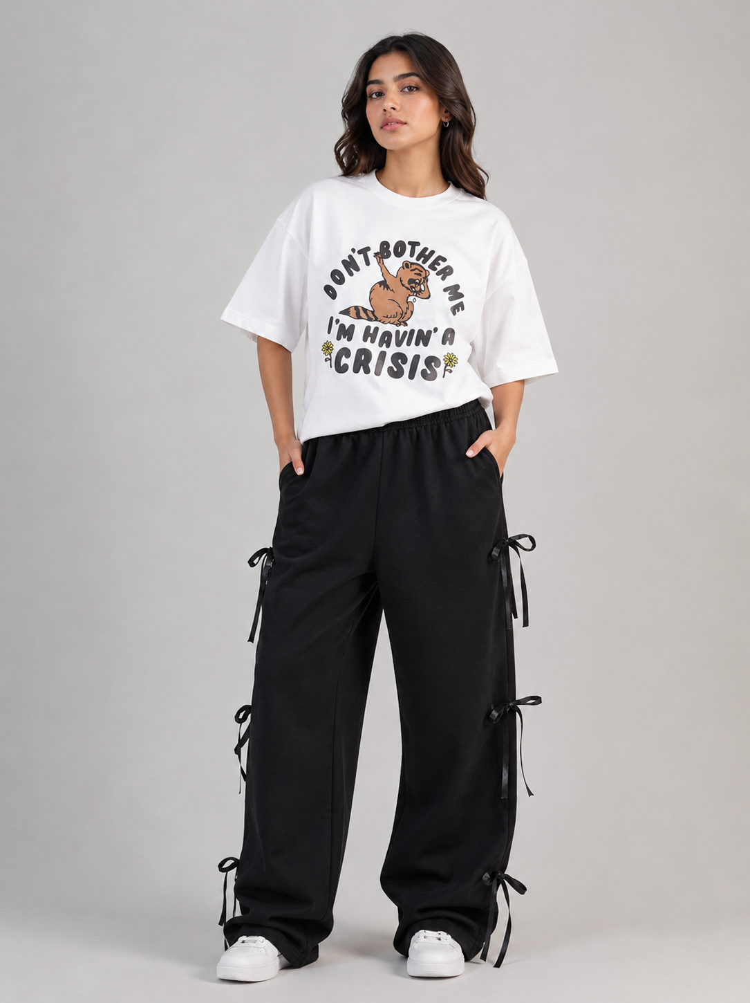 "Havin' a Crisis" Graphic Tee & Black Bow-Detail Trousers