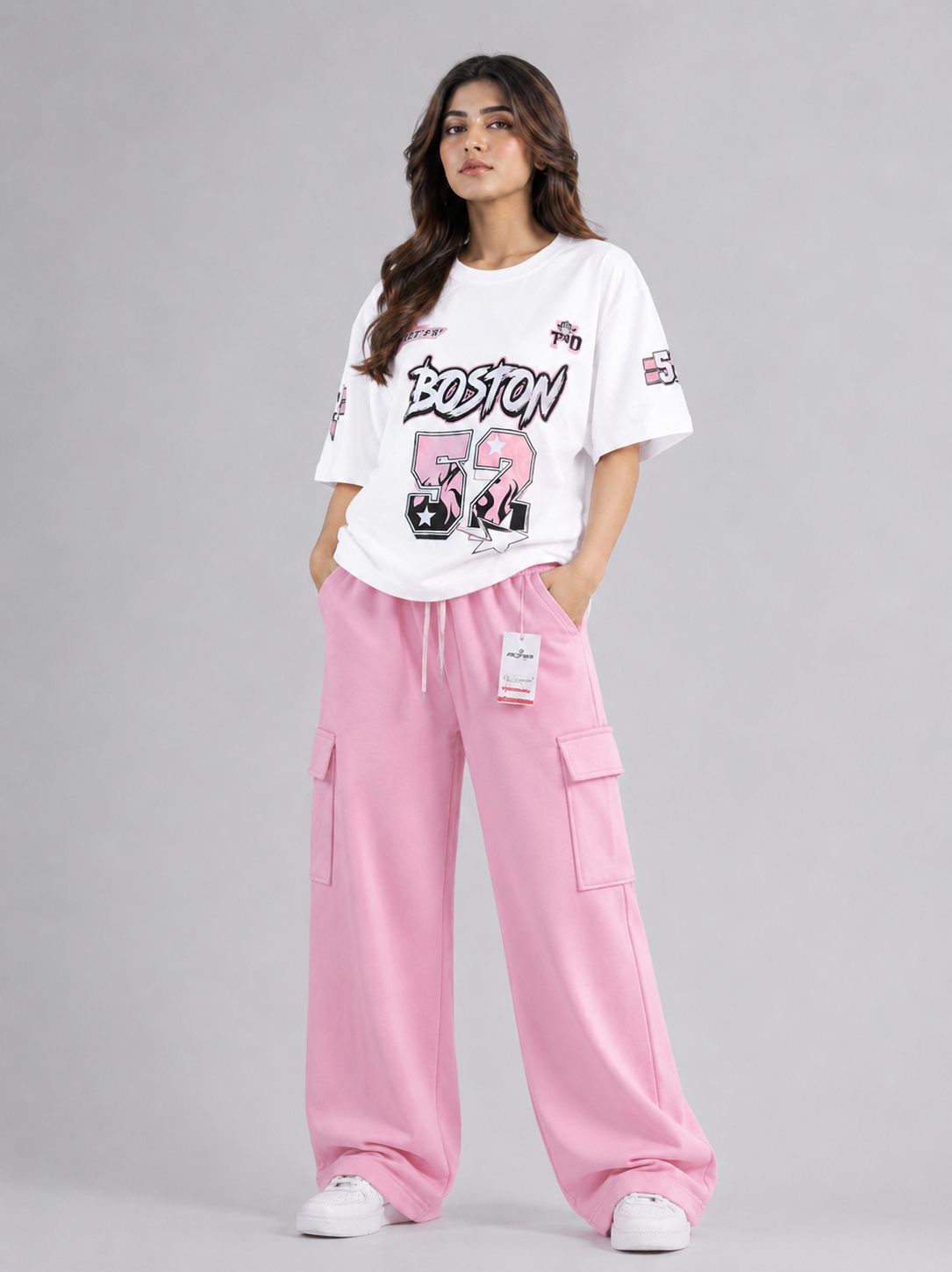 Blush Drift “Boston 52” Oversized Tee & Pink Cargo Wide-Leg Set