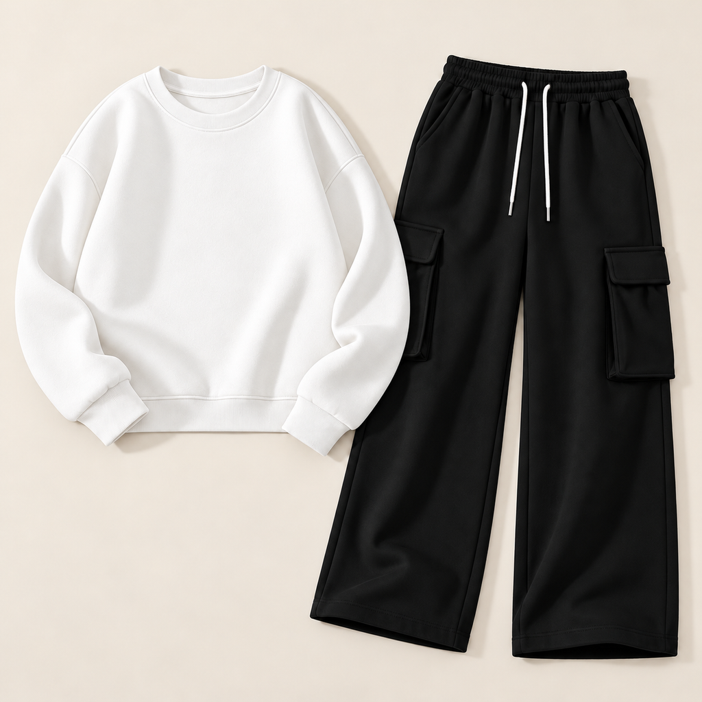 Pack of 2 – Women's Fleece Basic Sweatshirt & Black Wide-Leg Cargo Trouser Set
