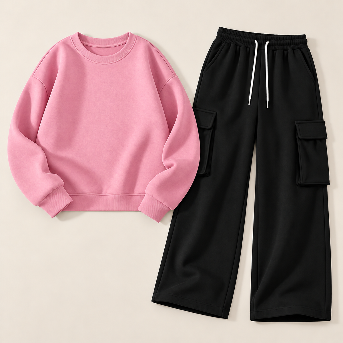 Pack of 2 – Women's Fleece Basic Sweatshirt & Black Wide-Leg Cargo Trouser Set