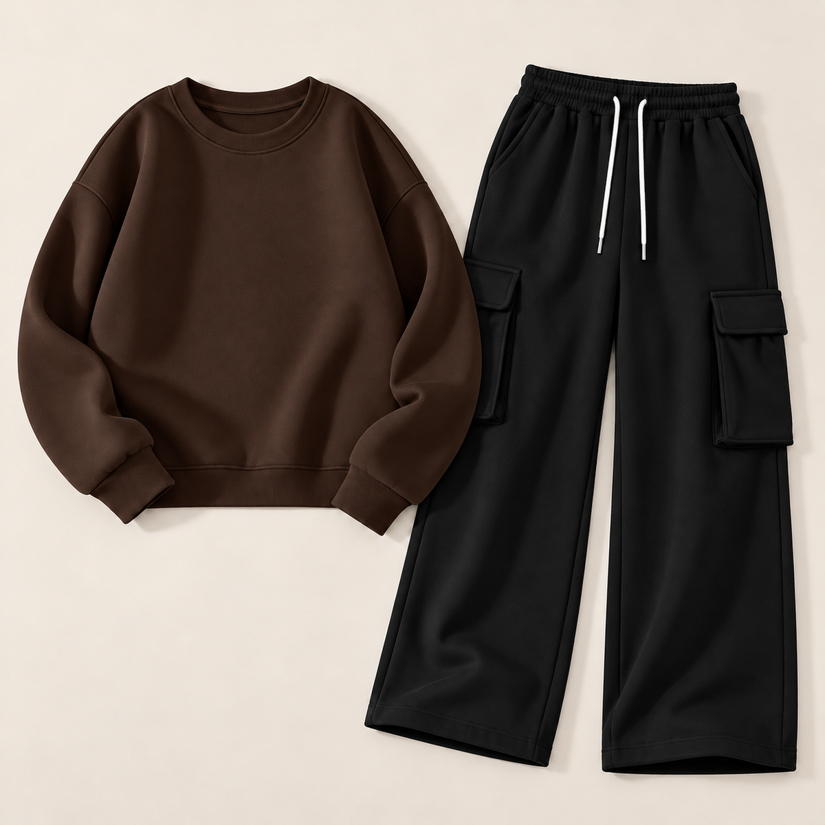 Pack of 2 – Women's Fleece Basic Sweatshirt & Black Wide-Leg Cargo Trouser Set