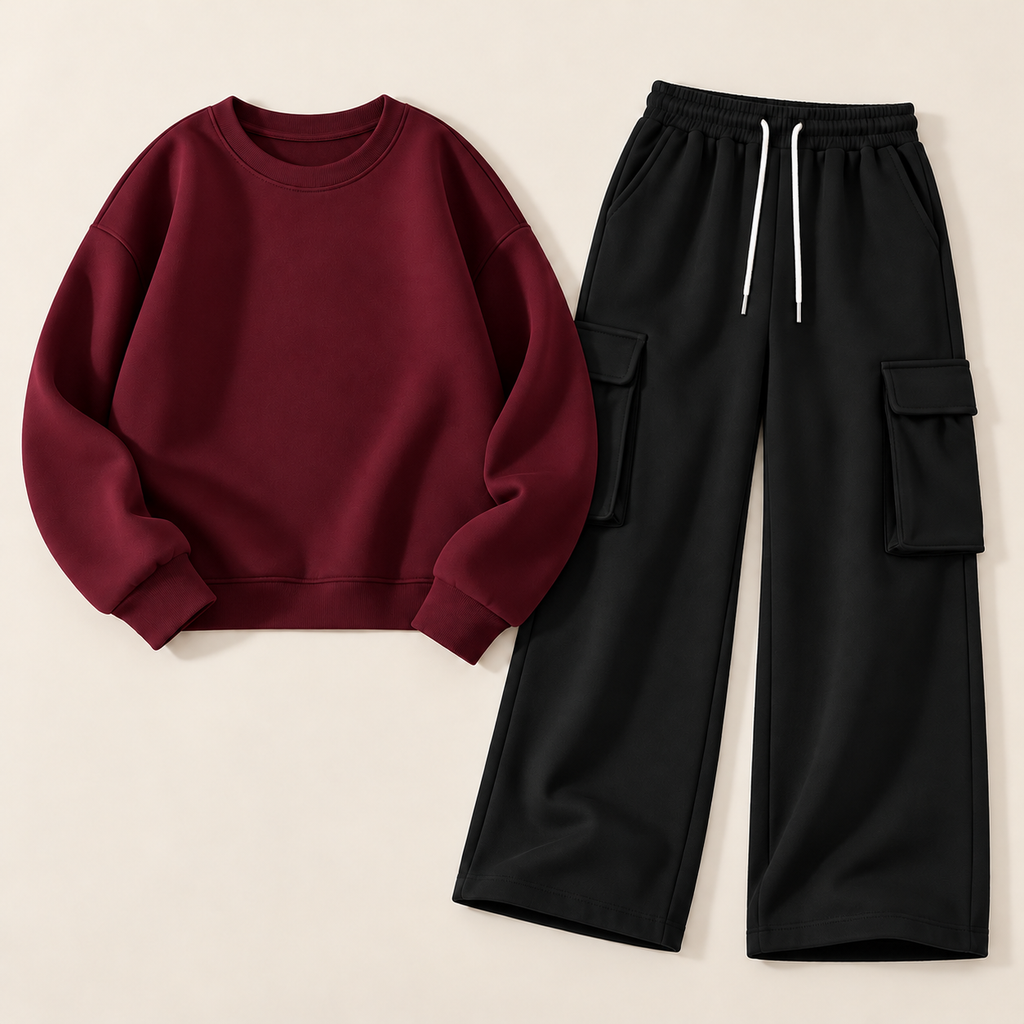 Pack of 2 – Women's Fleece Basic Sweatshirt & Black Wide-Leg Cargo Trouser Set