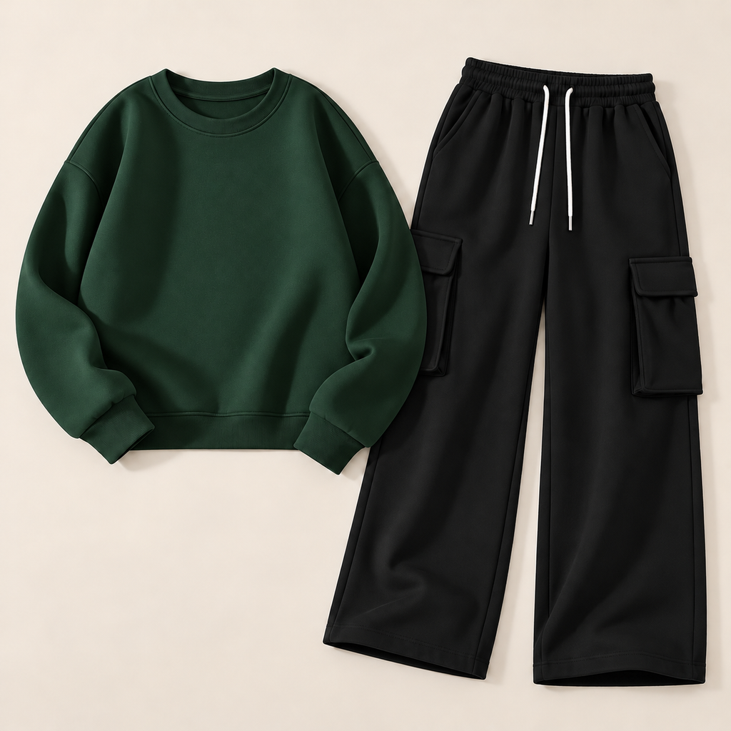 Pack of 2 – Women's Fleece Basic Sweatshirt & Black Wide-Leg Cargo Trouser Set