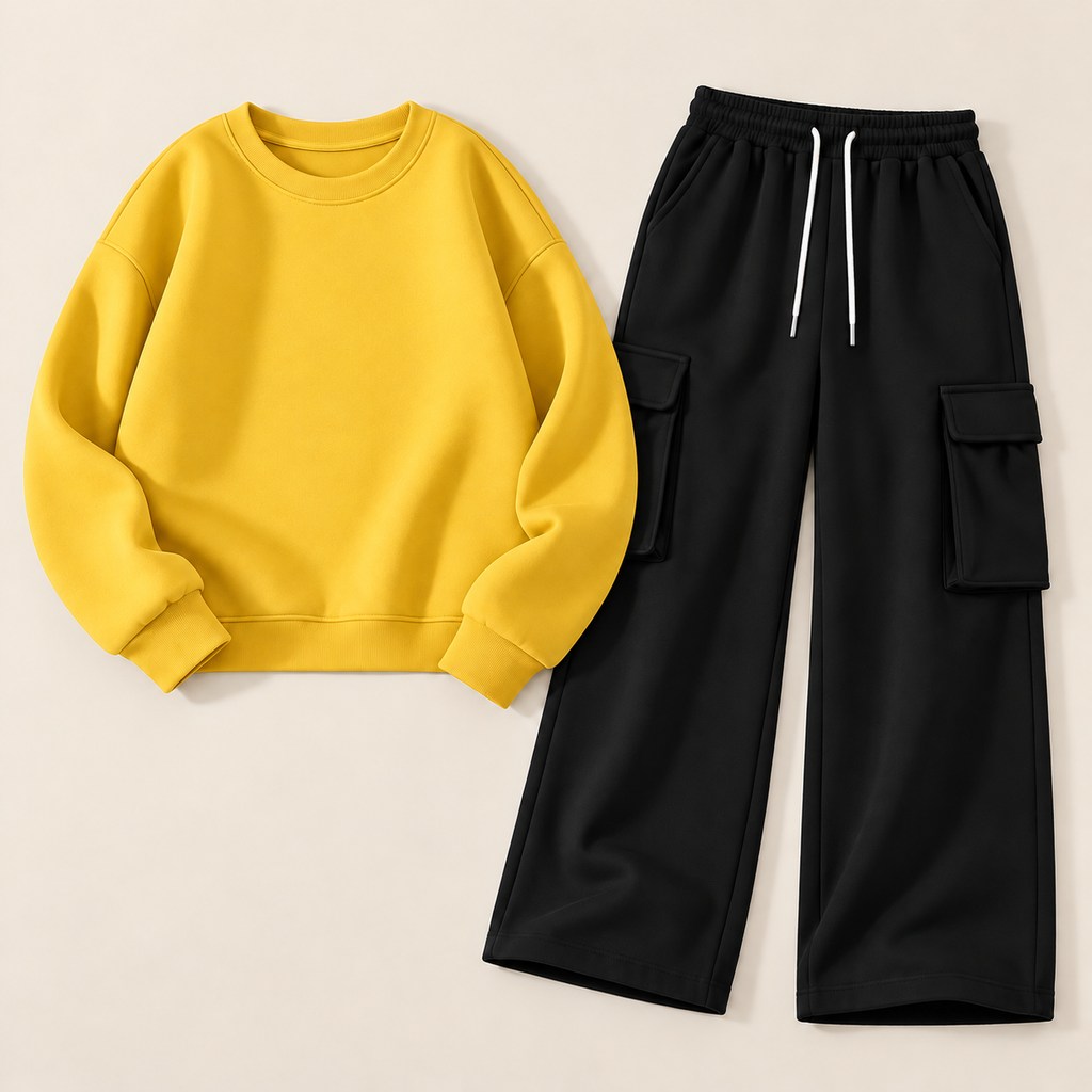 Pack of 2 – Women's Fleece Basic Sweatshirt & Black Wide-Leg Cargo Trouser Set