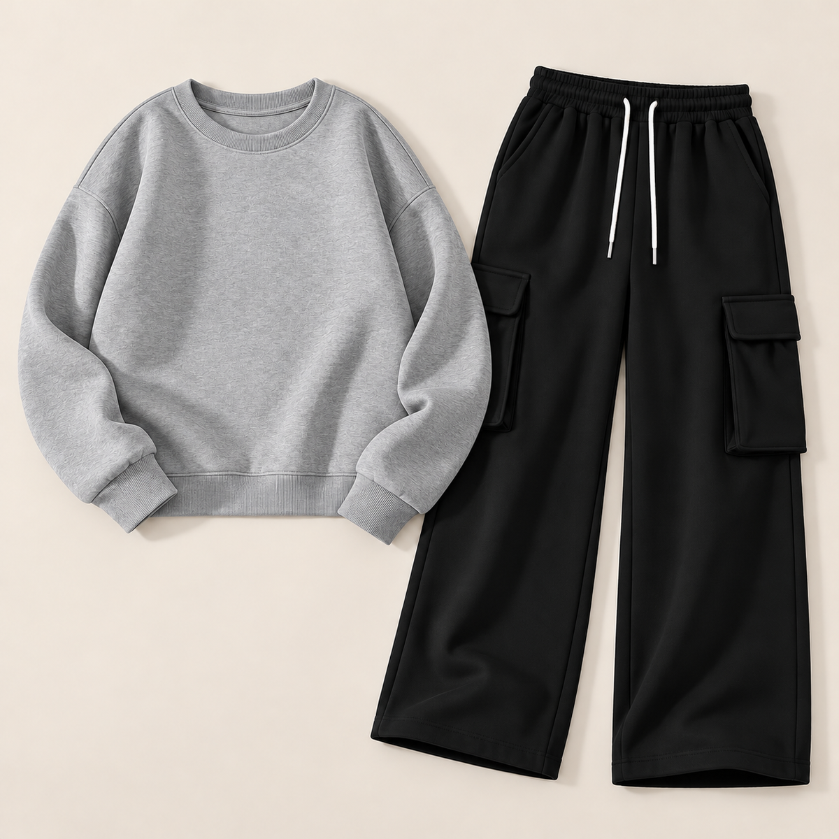 Pack of 2 – Women's Fleece Basic Sweatshirt & Black Wide-Leg Cargo Trouser Set
