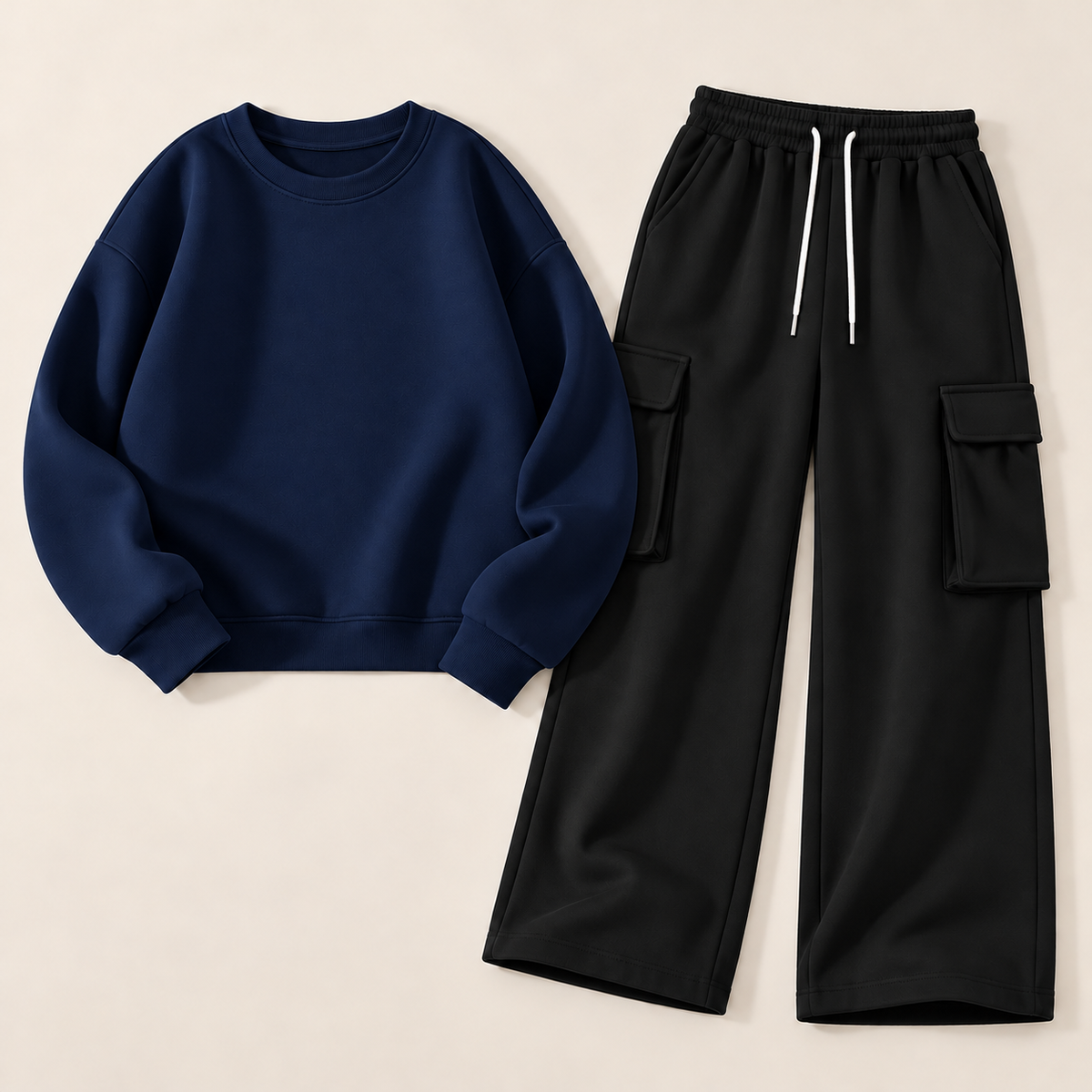 Pack of 2 – Women's Fleece Basic Sweatshirt & Black Wide-Leg Cargo Trouser Set