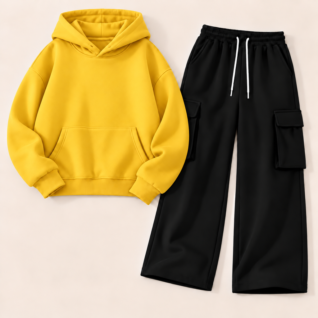 Pack of 2 – Women's Fleece Hoodie & Black Wide-Leg Cargo Trouser Set