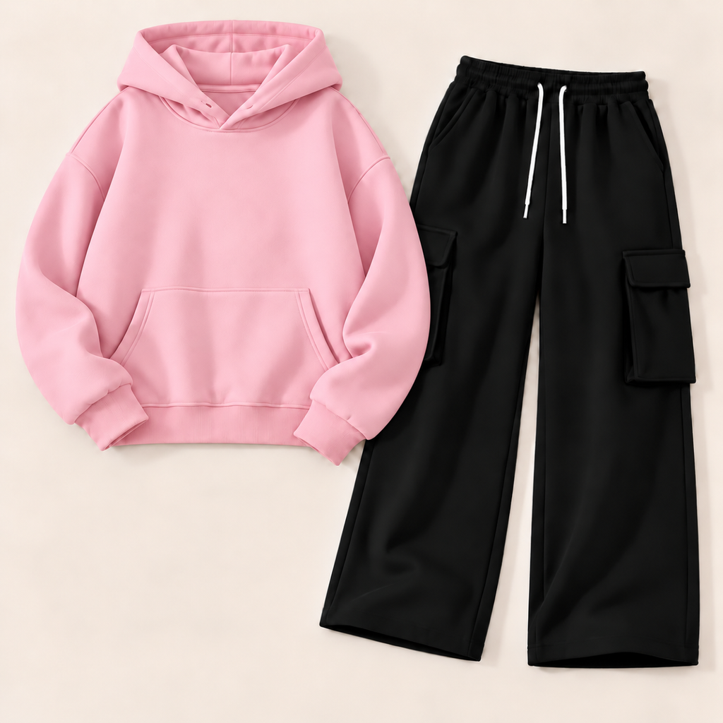Pack of 2 – Women's Fleece Hoodie & Black Wide-Leg Cargo Trouser Set