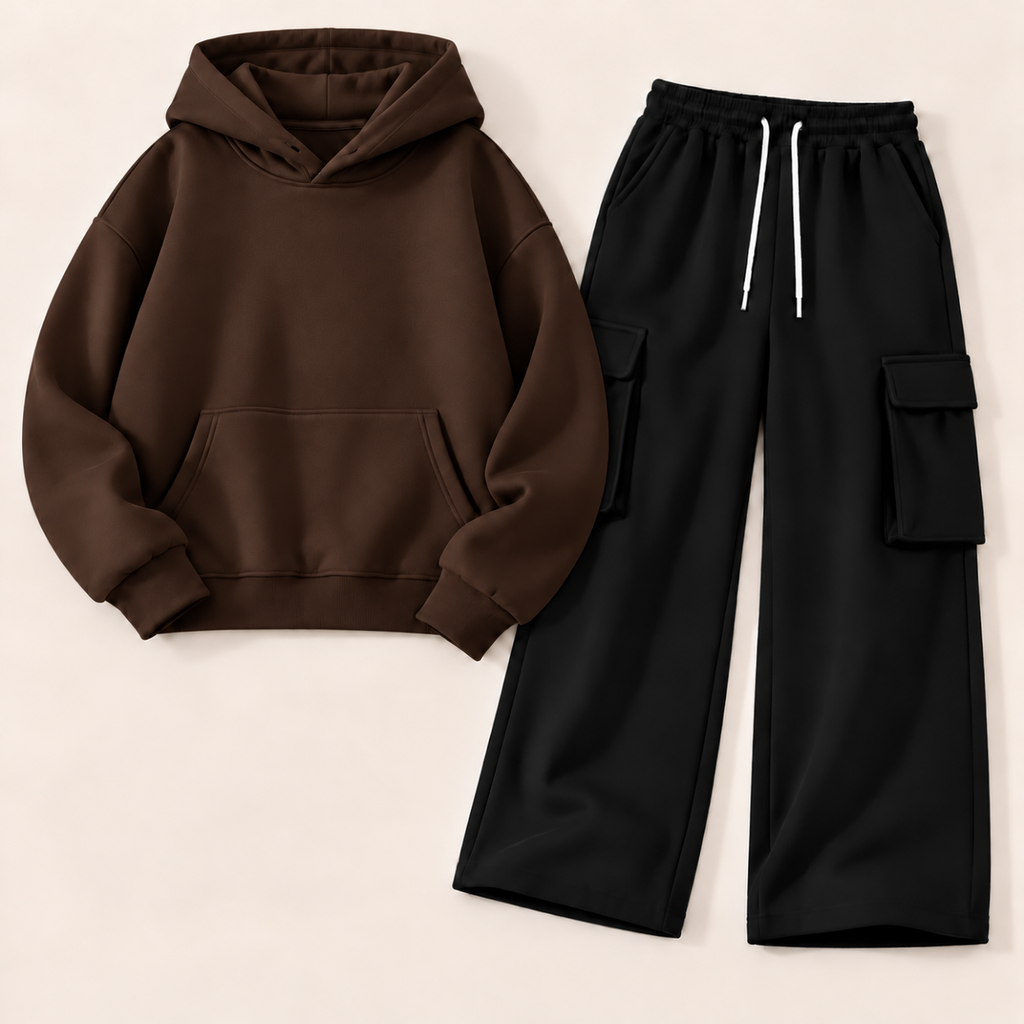 Pack of 2 – Women's Fleece Hoodie & Black Wide-Leg Cargo Trouser Set