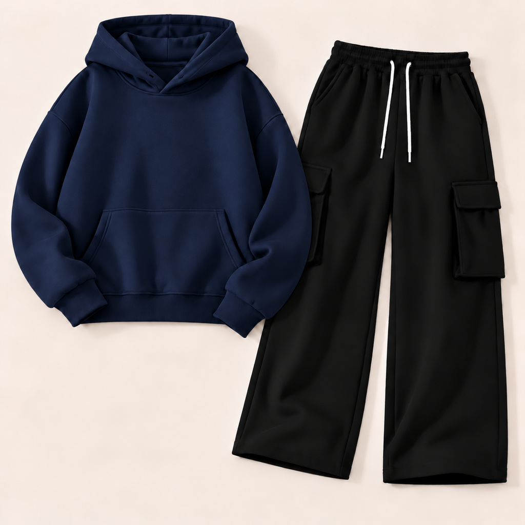 Pack of 2 – Women's Fleece Hoodie & Black Wide-Leg Cargo Trouser Set