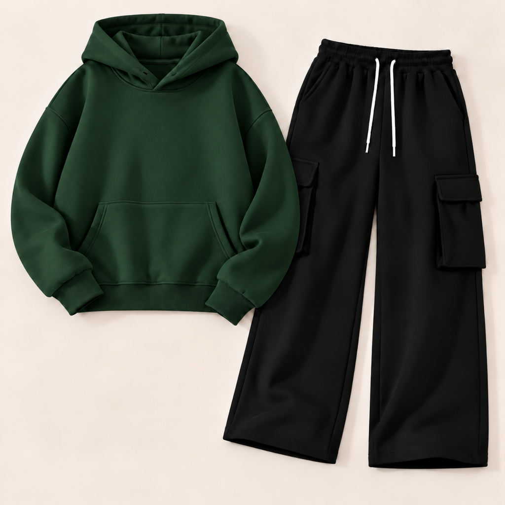 Pack of 2 – Women's Fleece Hoodie & Black Wide-Leg Cargo Trouser Set