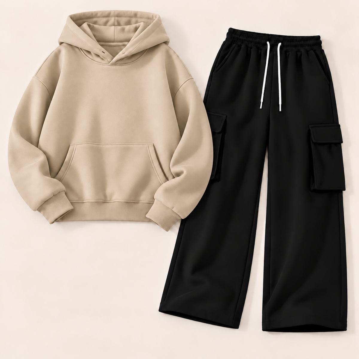 Pack of 2 – Women's Fleece Hoodie & Black Wide-Leg Cargo Trouser Set