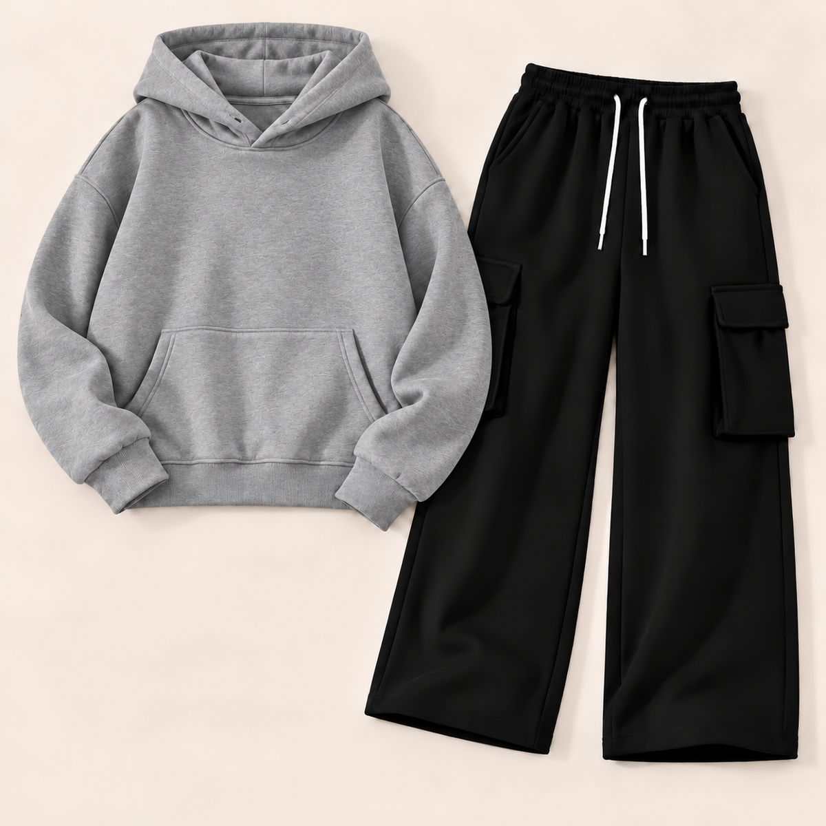 Pack of 2 – Women's Fleece Hoodie & Black Wide-Leg Cargo Trouser Set