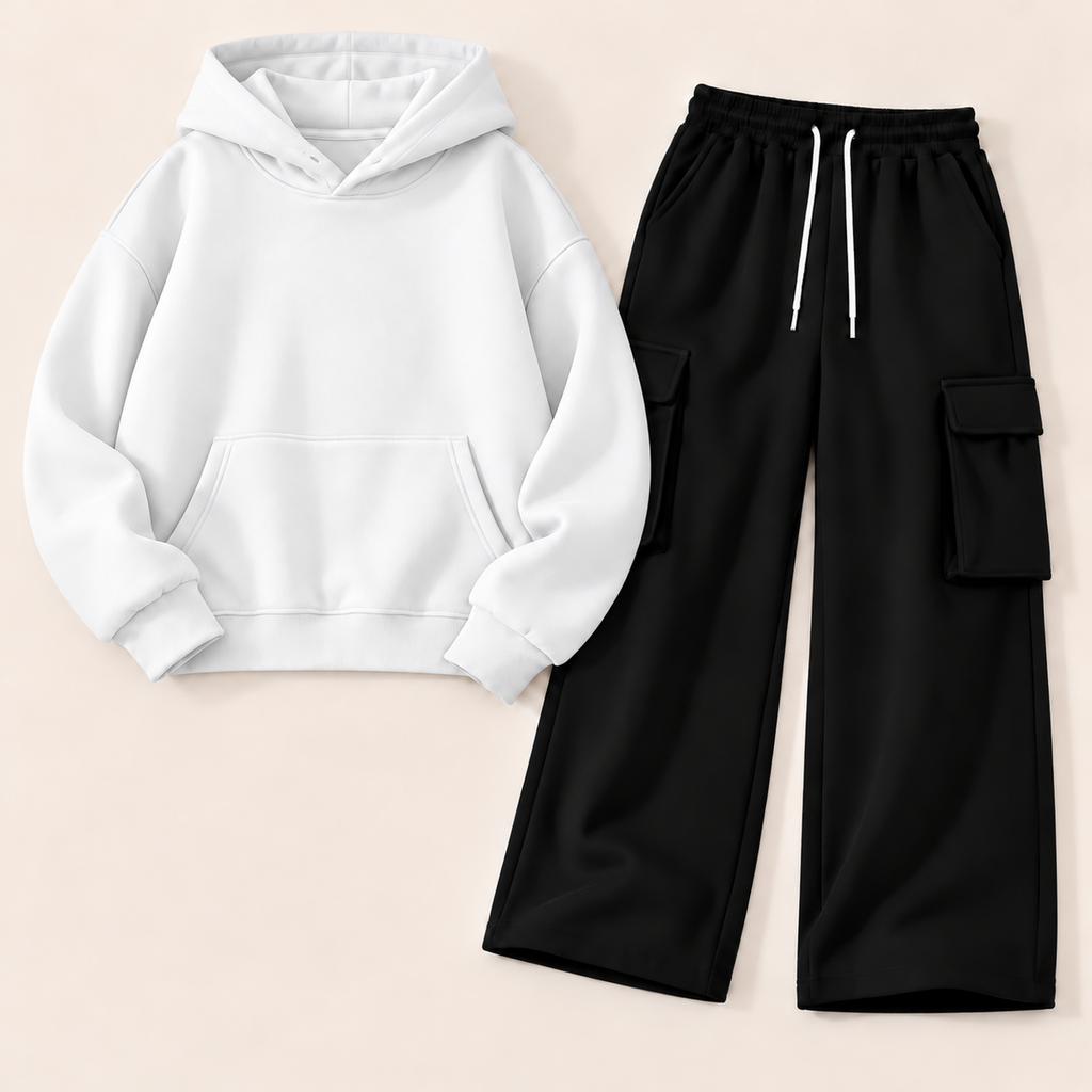 Pack of 2 – Women's Fleece Hoodie & Black Wide-Leg Cargo Trouser Set