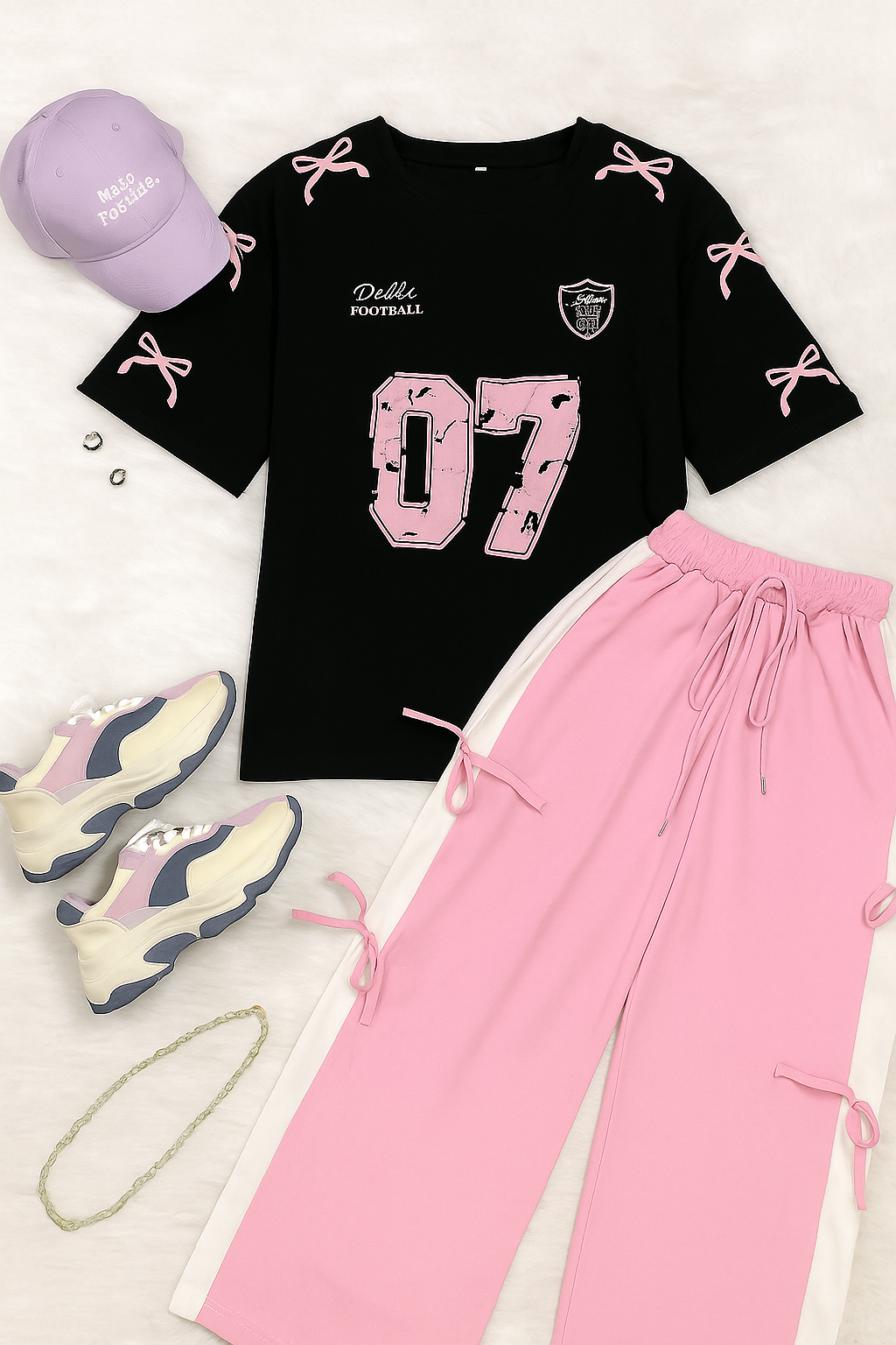 Chic Black Ribbon Tee & Pink Side Ribbon Trouser Co-ord Set