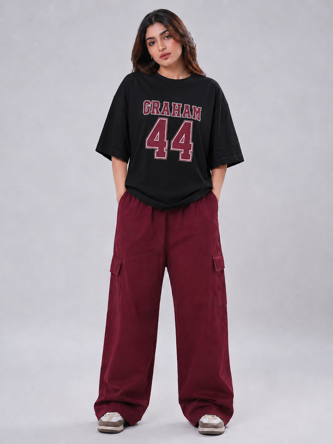 Women's Off Campus Inspired GRAHAM 44 Oversized Tee with Cargo Pants