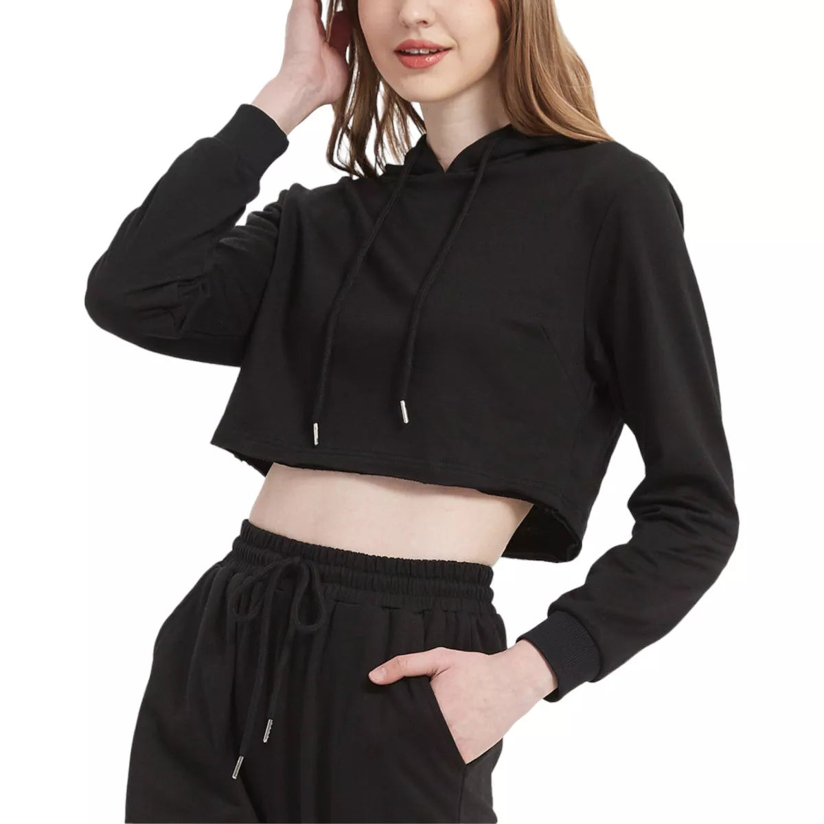 Womens Essential Black Crop Hoodie