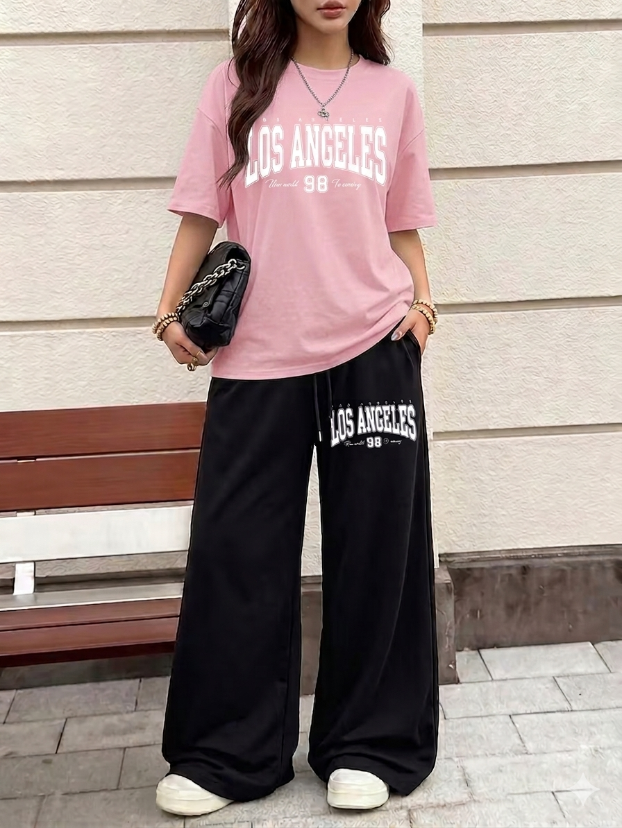 Los Angeles Graphic Oversized Tee & Black Wide-Leg Trouser Set