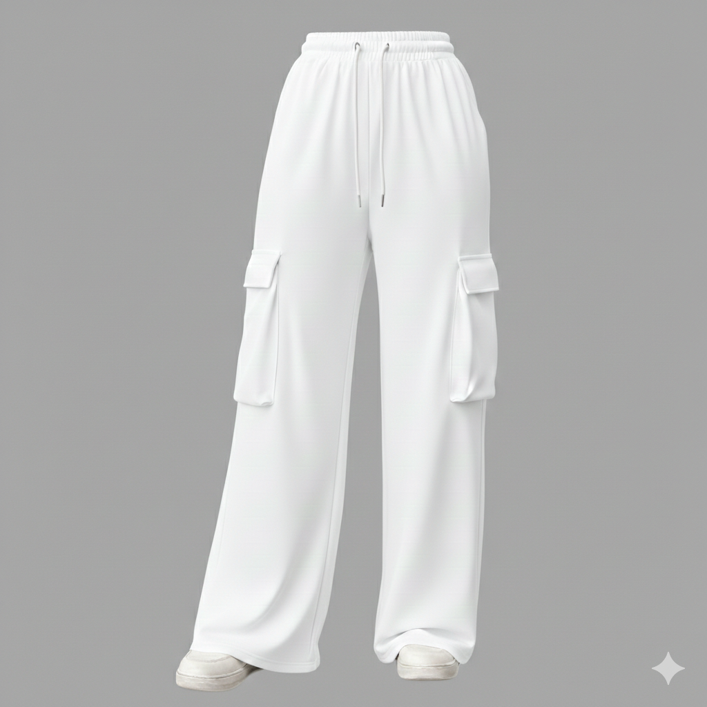 Womens White Drawstring Flap Pocket Cargo Trouser